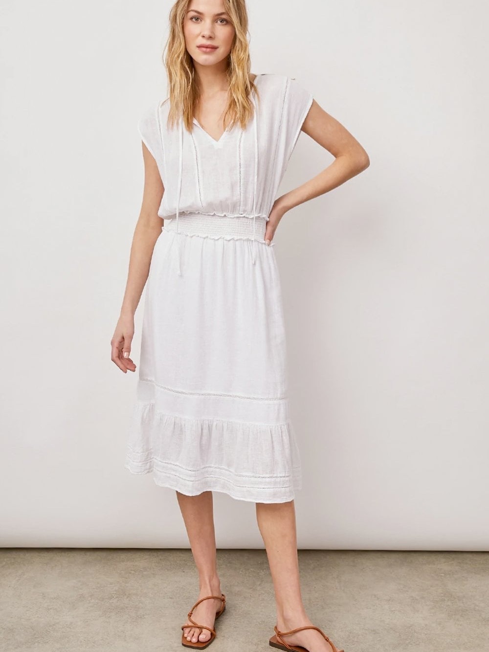 Rails Ashlyn White Smocked Waist Midi Dress Medium